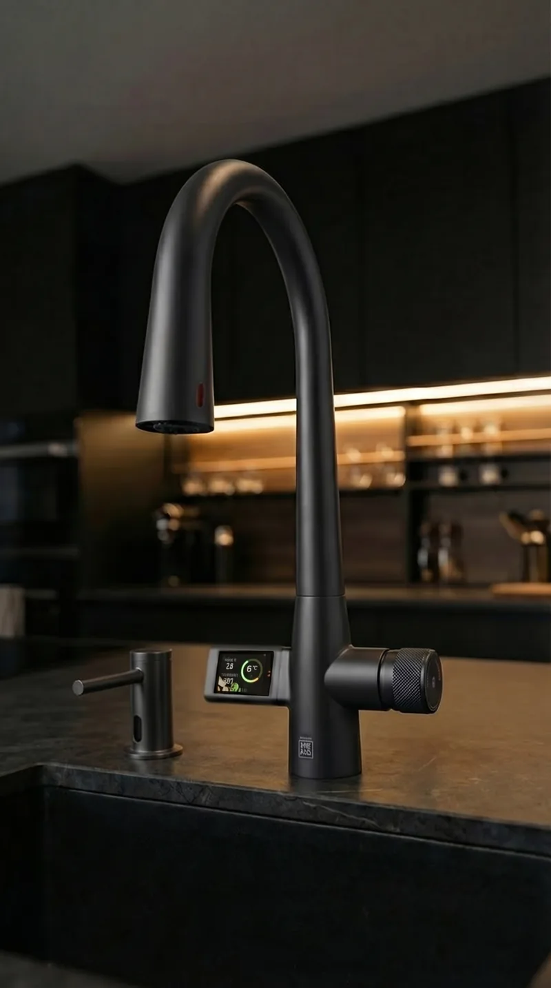 Czarna matowa bateria z wyświetlaczem i dozownik, ciemna kuchnia — TouchlessFreaks