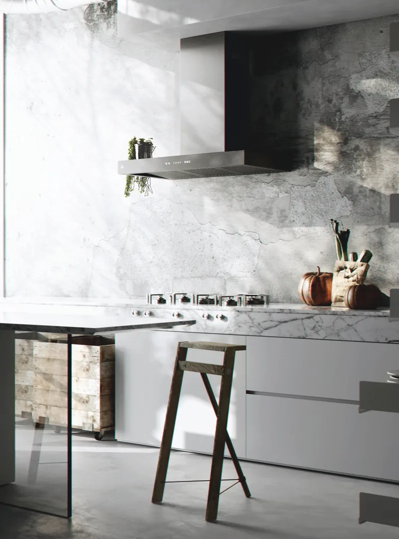 Kuchnia w stylu loft z waskim okapem podszafkowym wbudowanym w zabudowe — Ciarko