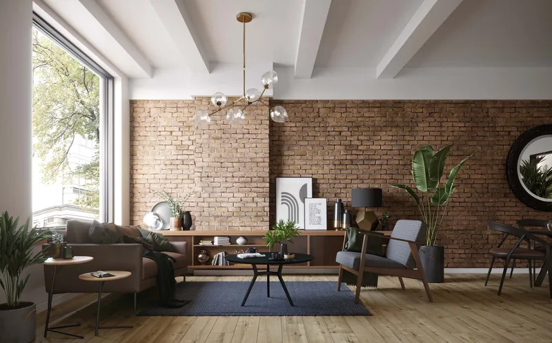 Salon ze ścianą z czerwonej cegły i mosiężnym żyrandolem, dąb naturalny (Casa Energy, Matera Oak) — Classen