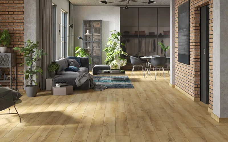 Loft z ceglanymi ścianami i przeszkloną garderobą, strefa wypoczynkowa i jadalnia na złocistym dębie (Life 4V, Brescia Oak) — Classen
