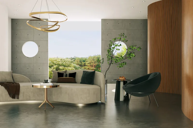 Salon z zaokrągloną ścianą wyłożoną giętkimi lamelami Thalia Flex w dekorze drewna, obok ściana z betonu architektonicznego — Creativa by Cezar