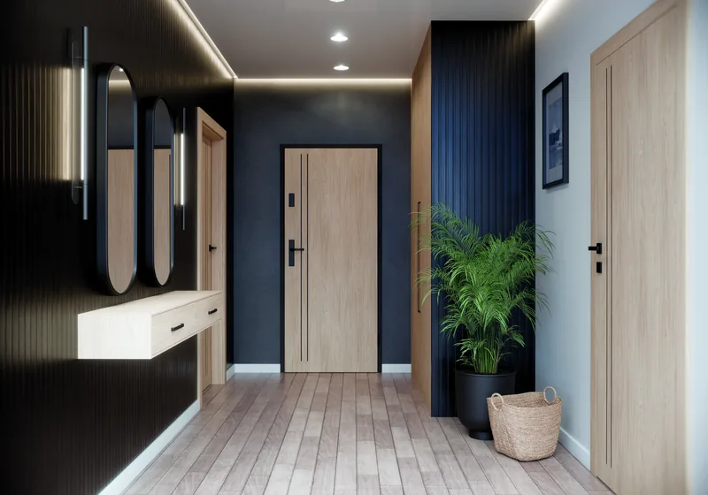 Drzwi Enter Solid 23 w debie casella jasnym w granatowym holu, sciana lamelowa i panel Galeria 50 — DRE