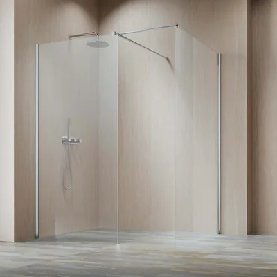 Szeroka kabina walk-in z taflą narożną, beżowy kamień