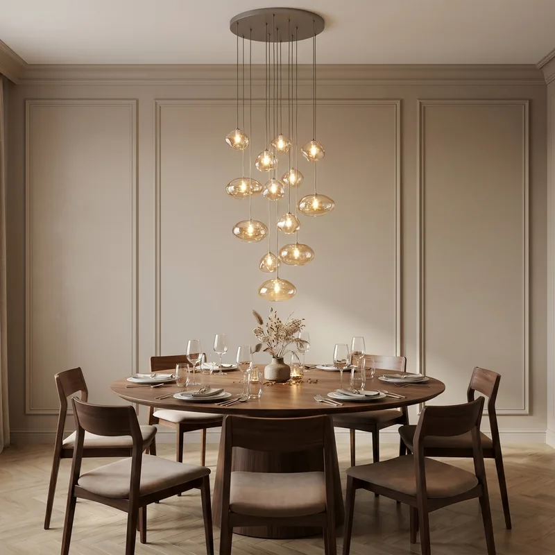 Żyrandol Nebia z bursztynowymi kloszami nad okrągłym stołem w jadalni — TK Lighting
