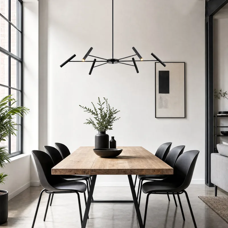 Czarny żyrandol ramienny Niva nad drewnianym stołem w jadalni — TK Lighting