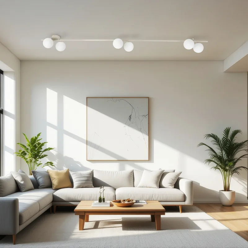 Listwa sufitowa Imelo z kulistymi kloszami w jasnym salonie — TK Lighting