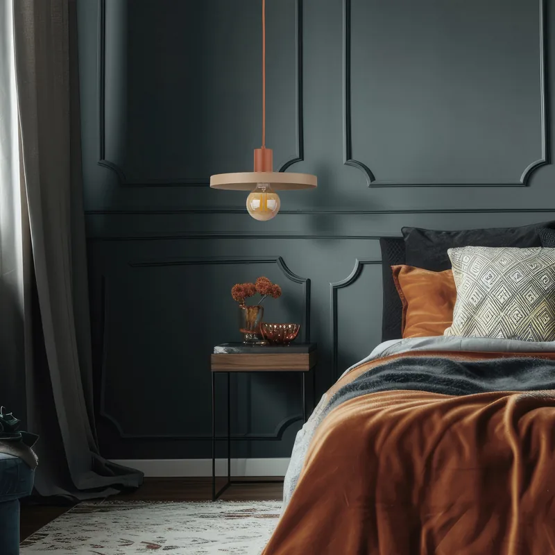 Lampa wisząca Sila przy łóżku w sypialni z ciemnozieloną boazerią — TK Lighting