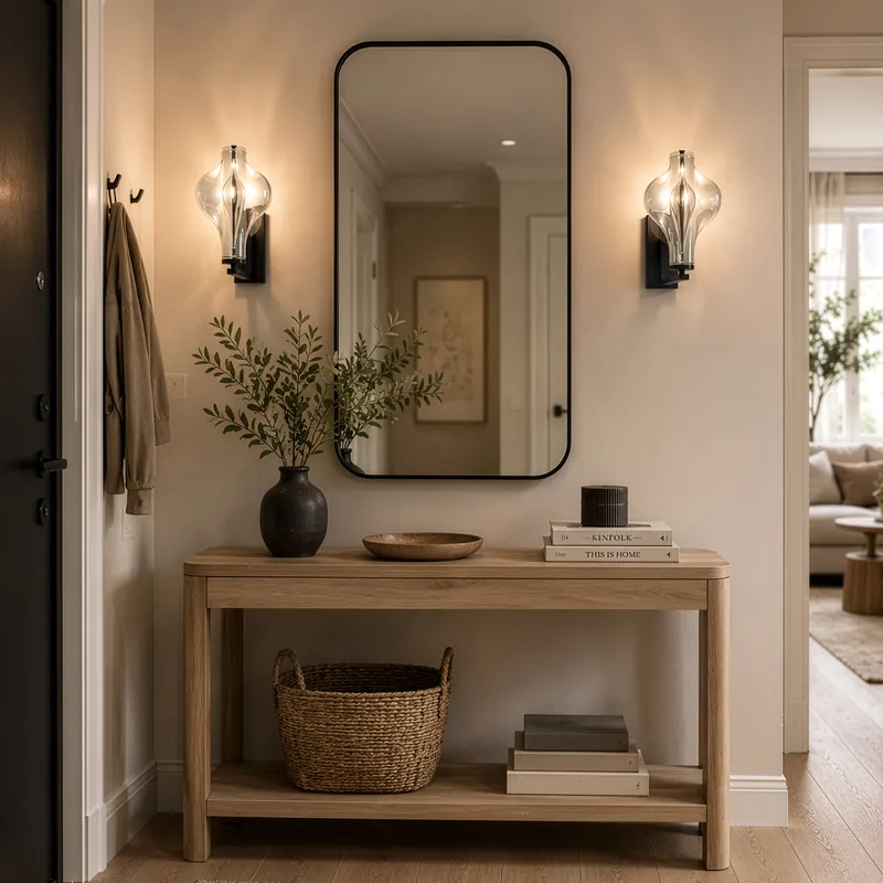 Para kinkietów Elva Black przy lustrze nad konsolą w przedpokoju — TK Lighting