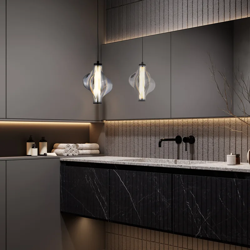 Lampy wiszące Elva Black nad umywalką w ciemnej łazience — TK Lighting