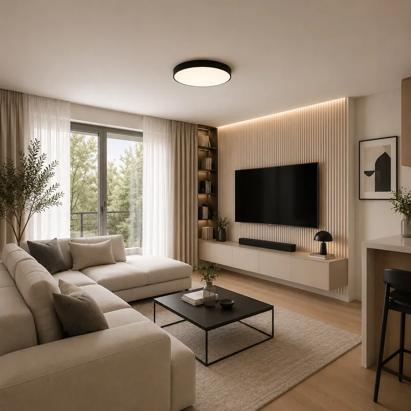 Taśma LED w podcięciu ściany lamelowej w salonie, plafon Velis Black — TK Lighting