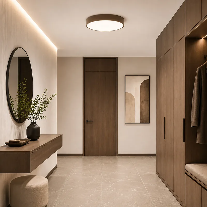 Taśma LED w podcięciu sufitu w holu z zabudową i lustrem — TK Lighting