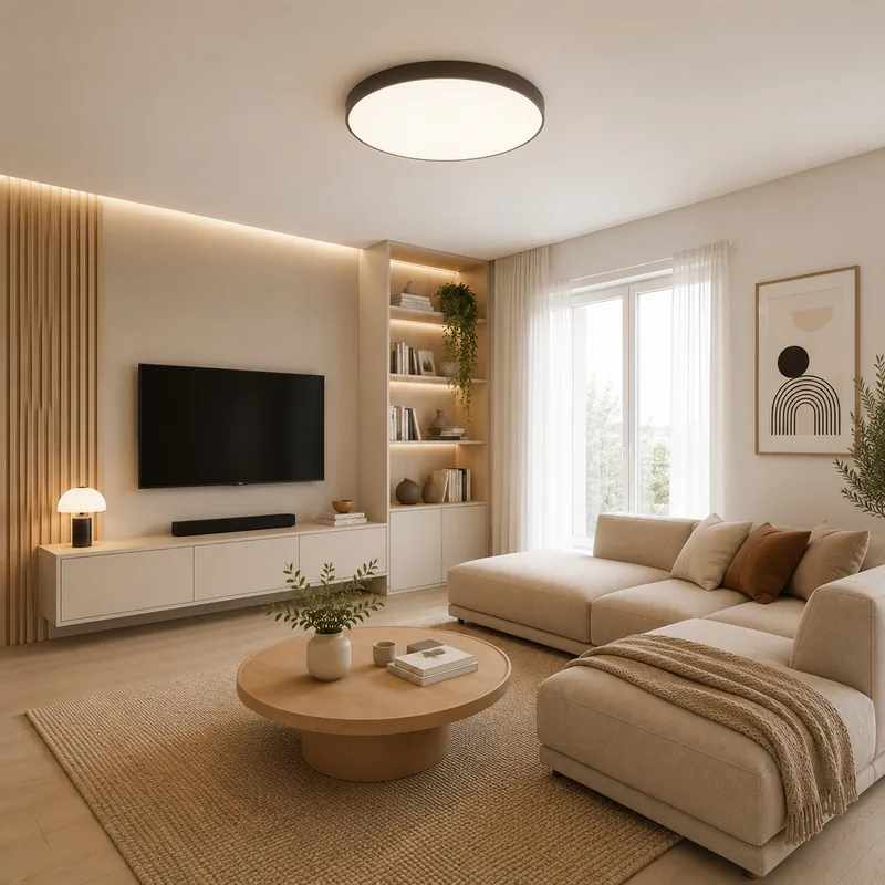 Taśma LED nad ścianą TV i w półkach salonu, plafon Velis Brown — TK Lighting