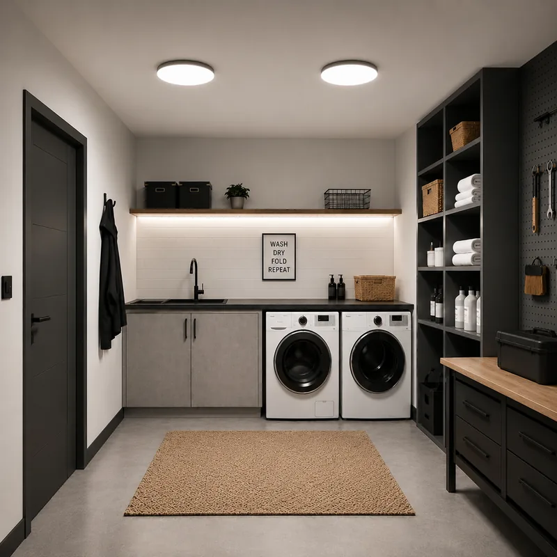 Taśma LED pod półką w pralni, plafony Oyster na suficie — TK Lighting
