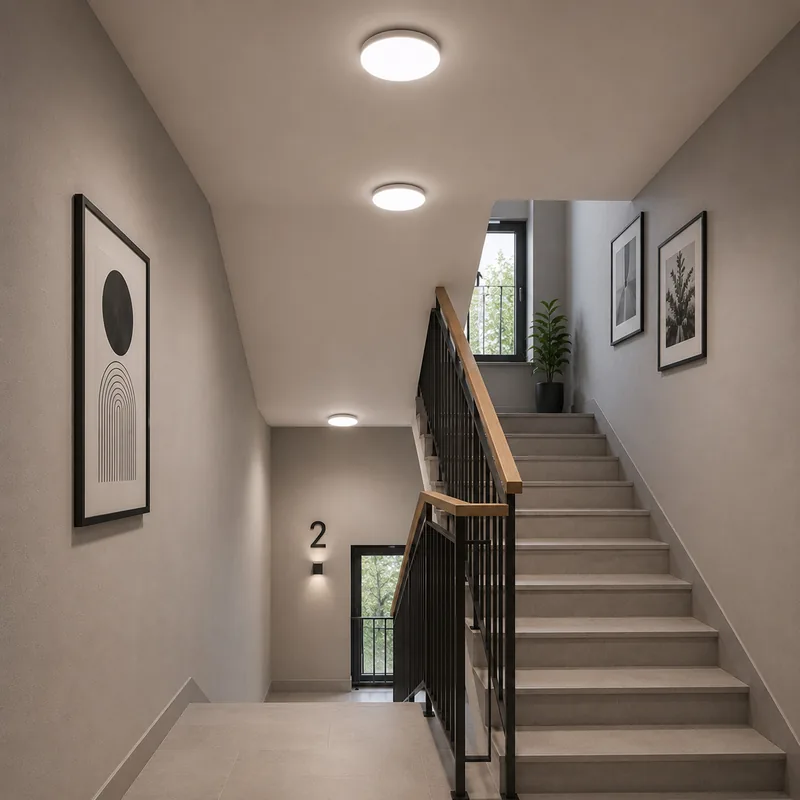 Plafony Oyster nad biegiem schodów i oprawa schodowa w ścianie — TK Lighting