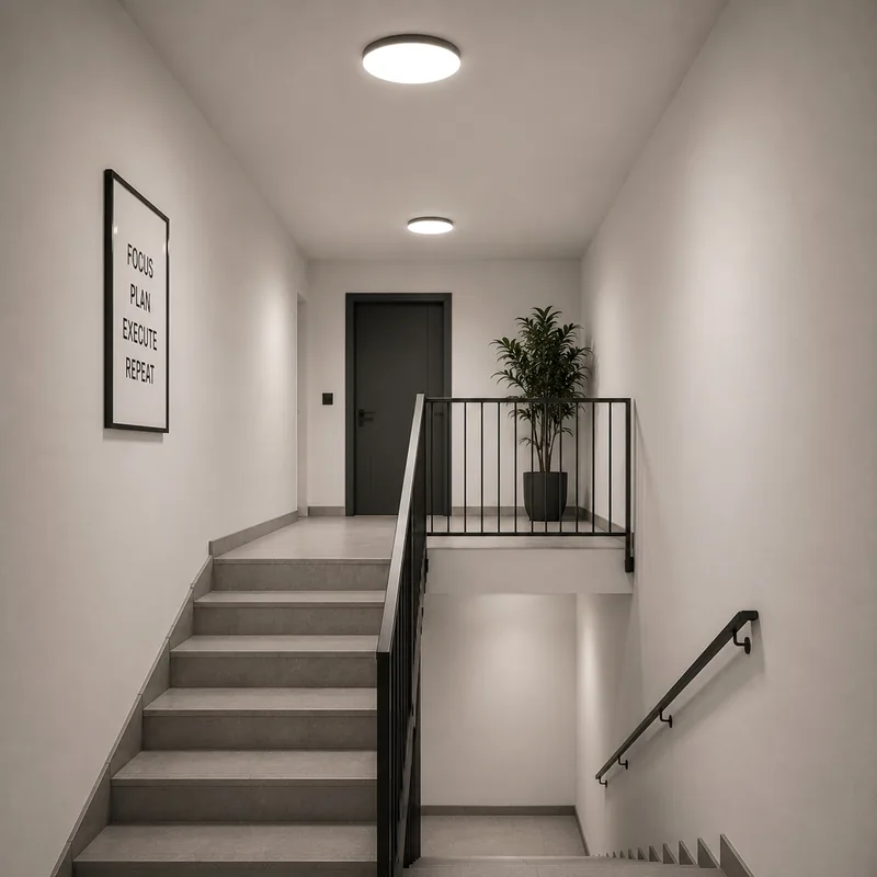 Plafon Oyster nad schodami w korytarzu na poddaszu — TK Lighting