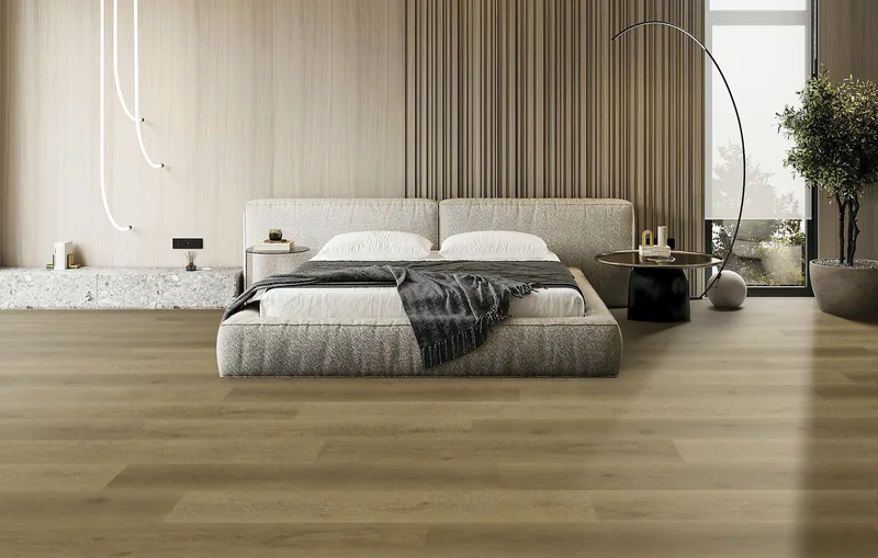 Sypialnia z betonową ścianą — SPC Woodlands Madeira — VinylTechLab