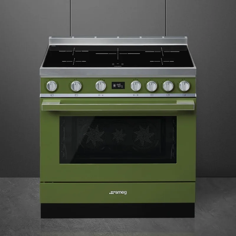 Kuchnia wolnostojaca Smeg Portofino w kolorze oliwkowej zieleni z plyta indukcyjna — Smeg