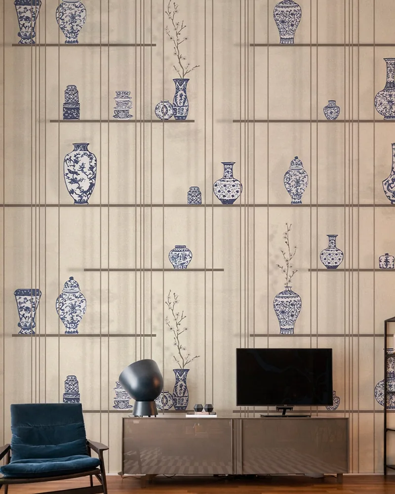 Sypialnia z tapetą Contemporary Library — rysunek regału z książkami — Styl'editions / BohoStyle