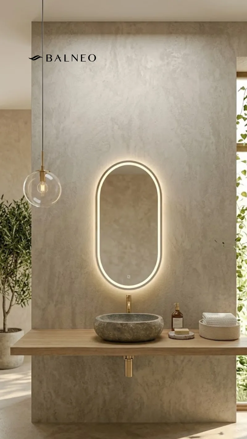 Umywalka nablatowa pod owalnym lustrem LED — Balneo