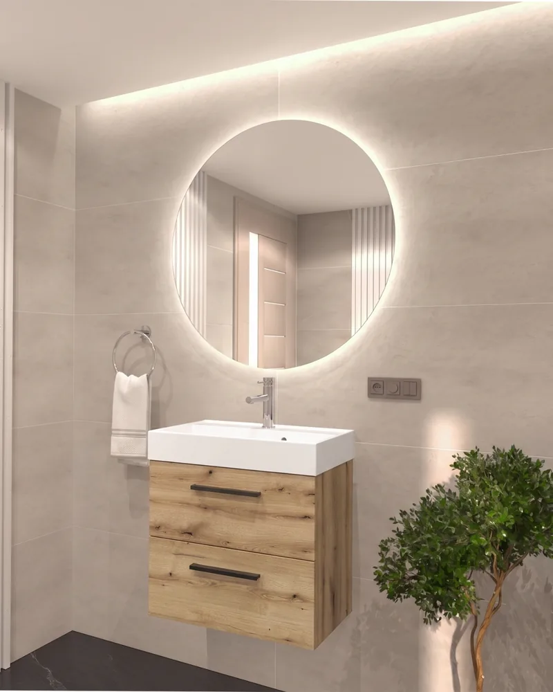 Umywalka Nadia 50 na szafce podumywalkowej Aura 50 w dekorze drewna, okrągłe podświetlane lustro — Sink Quality
