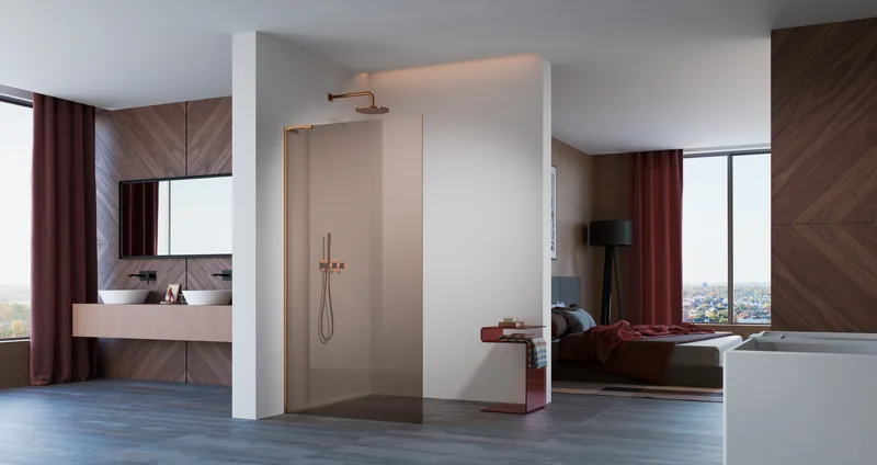 Kabina walk-in Vixor GLER w miedzi szczotkowanej z brązowym szkłem, otwarta strefa łazienki połączona z sypialnią, widok na miasto — Vixor