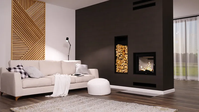 Salon z jasna sofa, ciemna zabudowa kominkowa z wkladem i wneka na drewno, azurowy panel scienny. Wizualizacja 3D.