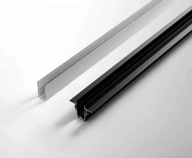Dwa aluminiowe profile do tasm LED, srebrny i czarny, widok przekroju
