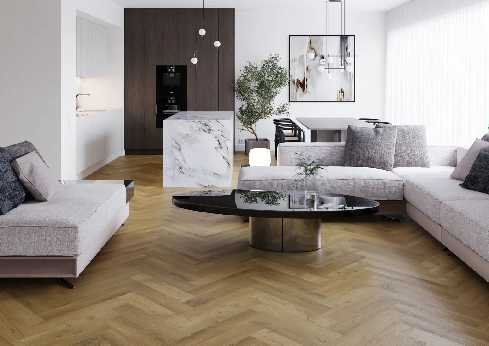Salon z podłogą winylową SPC w jodełkę — dekor Rochester, Epuflooring w LUX-BUD DESIGN